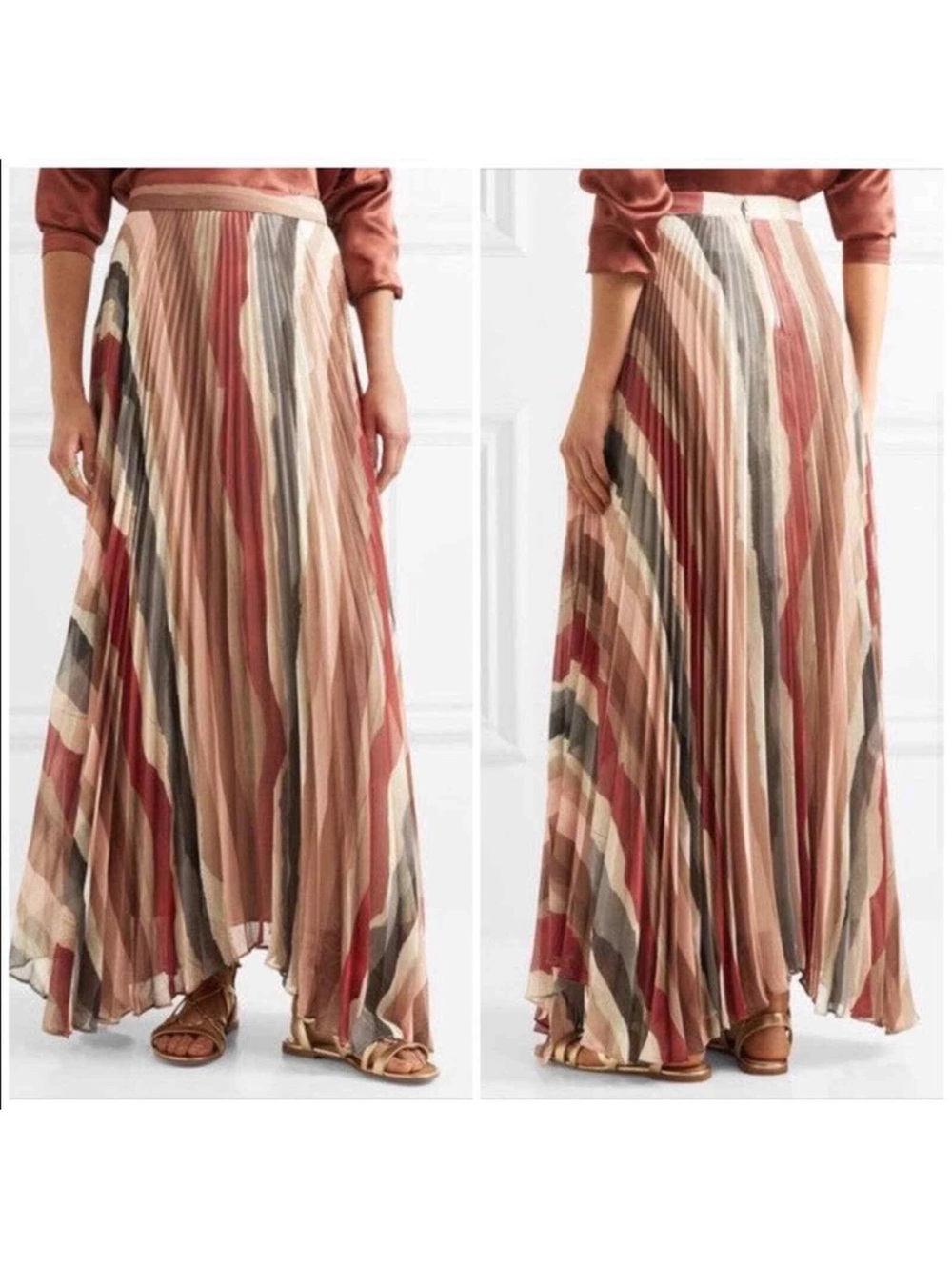Alice + Olivia Striped Pleated Maxi Skirt in Rust, Cream & Gray